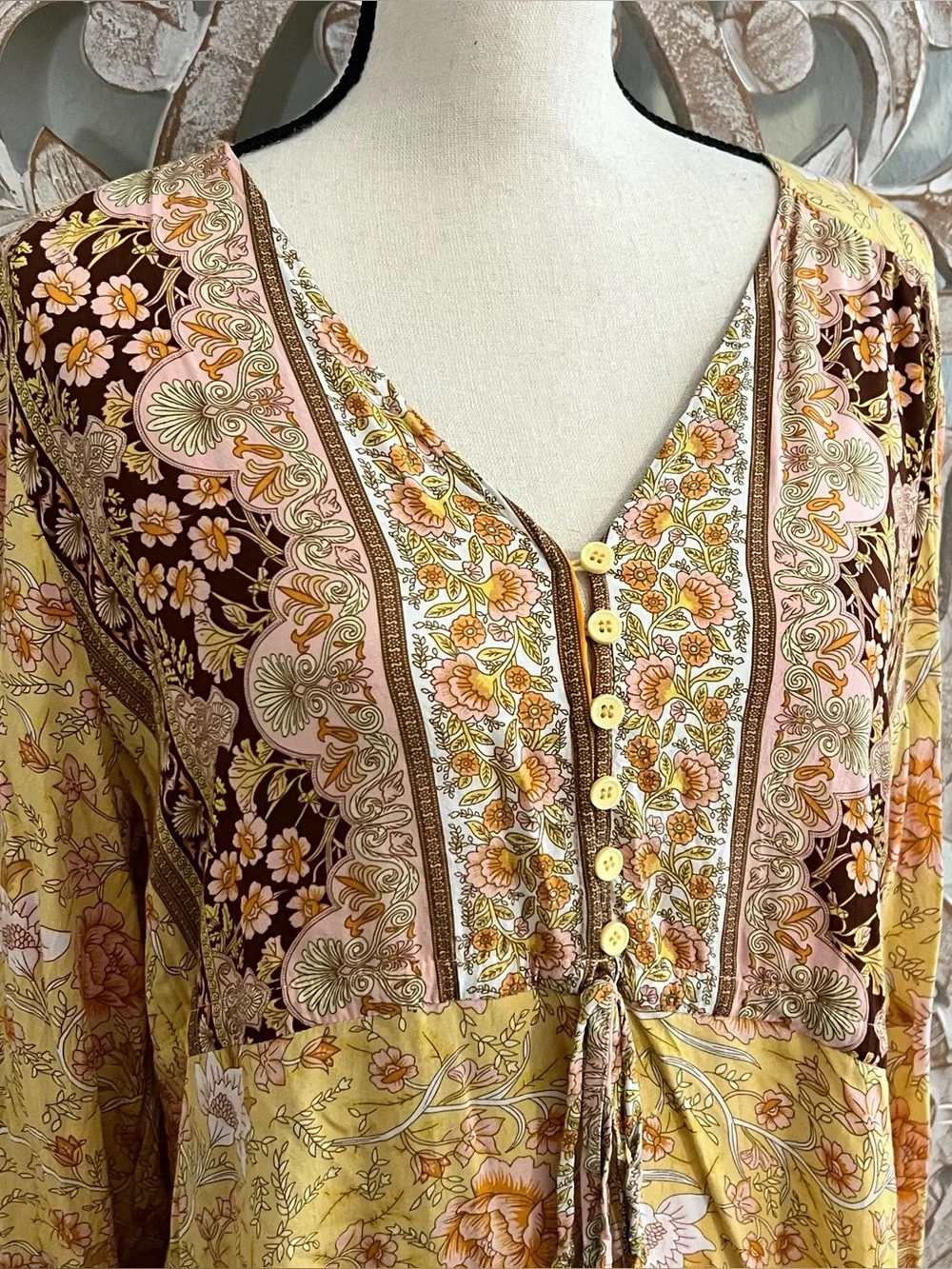 Floral Button Up V-Neck Long Sleeve Yellow Boho Dress - Picture 3 of 4